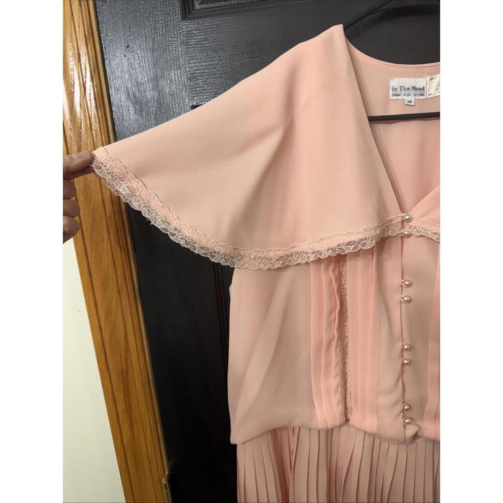 Vtg 80s Pleated Midi Dress Sz 14 Peach Lace Pearl Button Easter Wedding Gorgeous - Picture 3 of 11